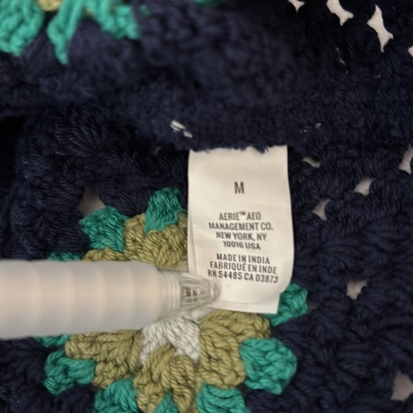 Aerie Peasant Crop Top Cotton Crocheted Granny Square Medium Navy Cottage core - Picture 4 of 9